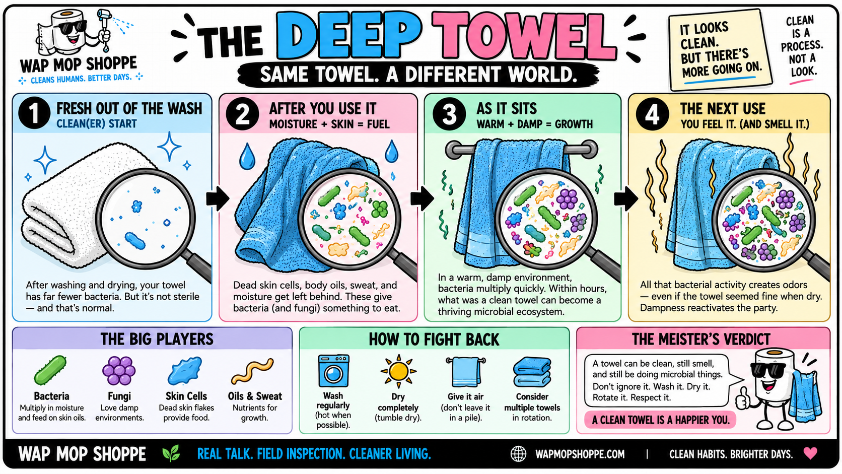 The Deep Towel infographic showing how moisture, skin cells, body oils, bacteria and fungi accumulate in a towel between washing and reuse.