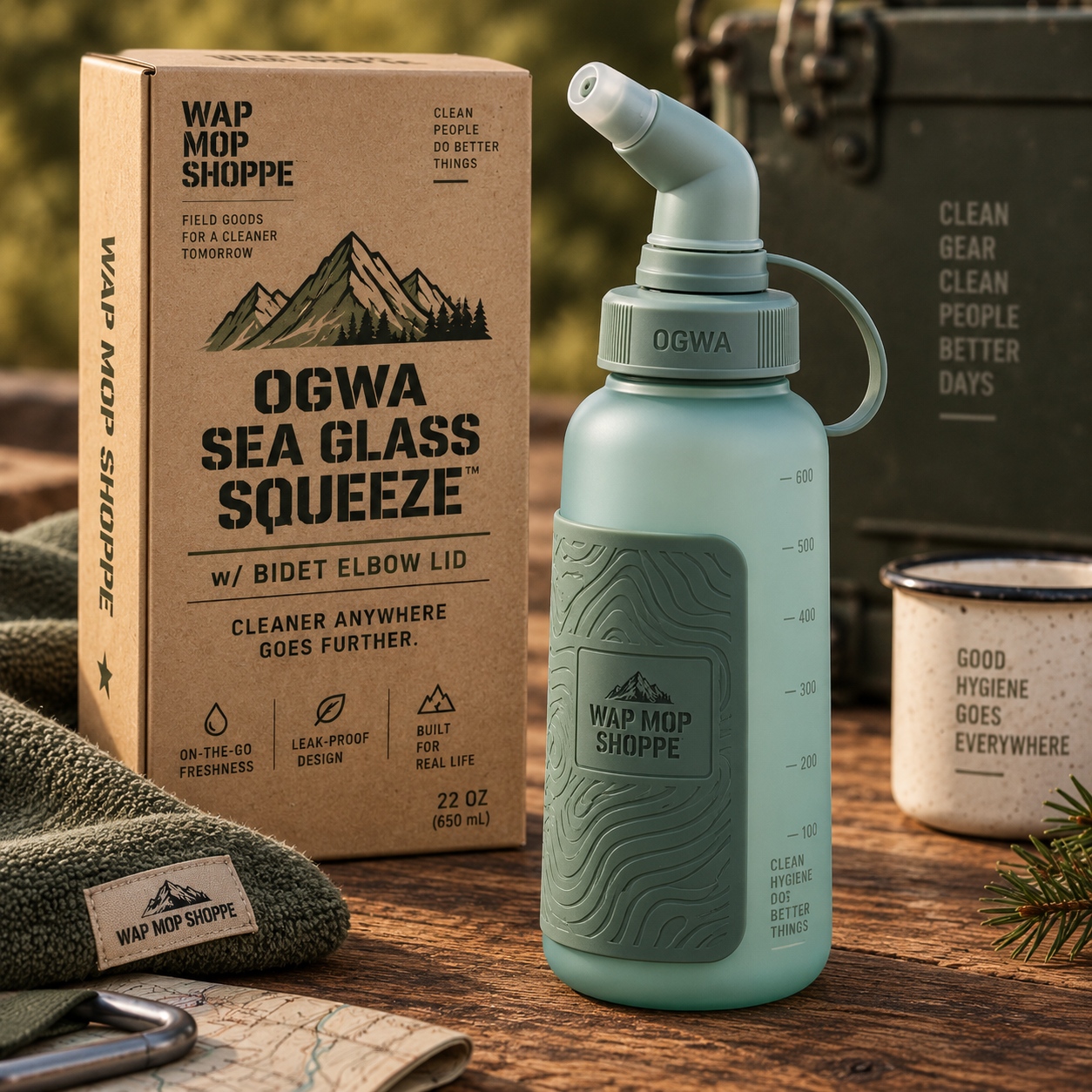 OGWA Sea Glass SQUEEZE portable bidet bottle with Bidet Elbow Lid