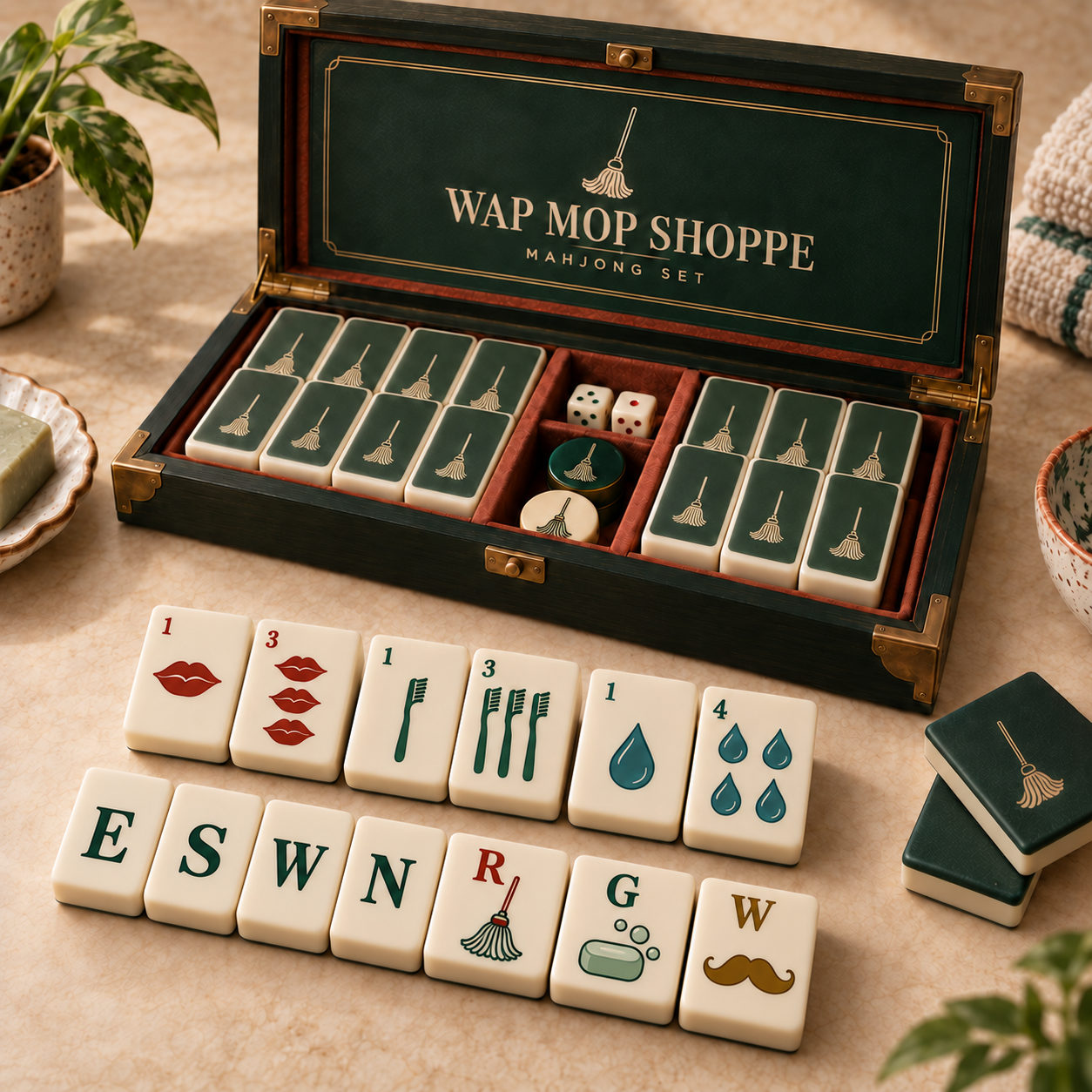 Concept rendering of WAP MOP SHOPPE mahjong set with a green case and custom lips, toothbrush, and moisture-drop tile suits